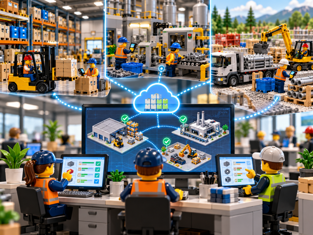 LEGO-style multi-site operation connected through cloud-based inventory tracking, showing how CyberStockroom’s Inventory Map supports shared inventory visibility and location tracking across facilities.