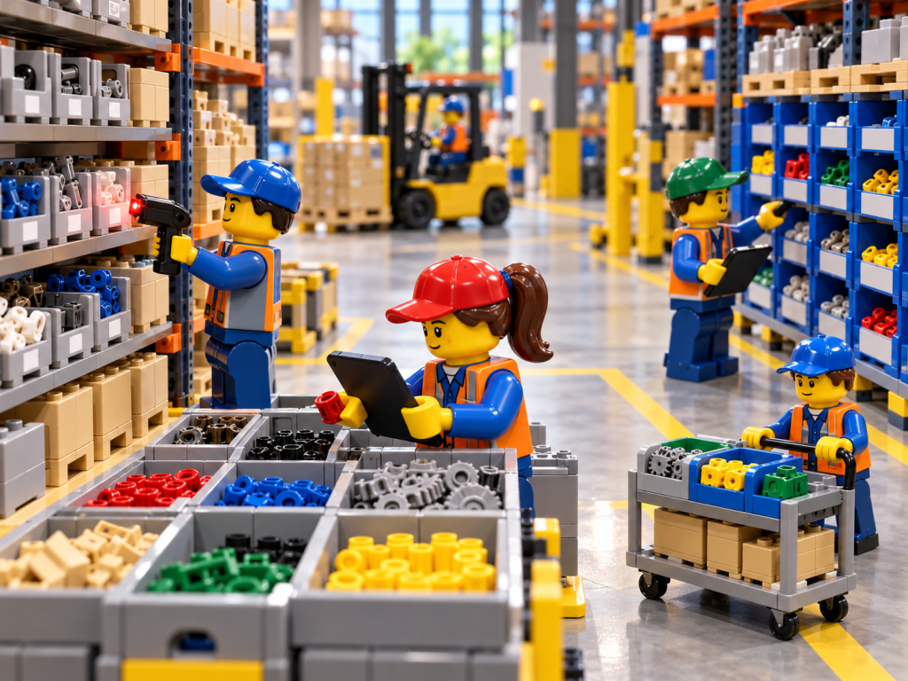 LEGO-style warehouse team using barcode scanning, counting, and organized storage to improve inventory accuracy, control, and visibility with CyberStockroom’s Inventory Map.