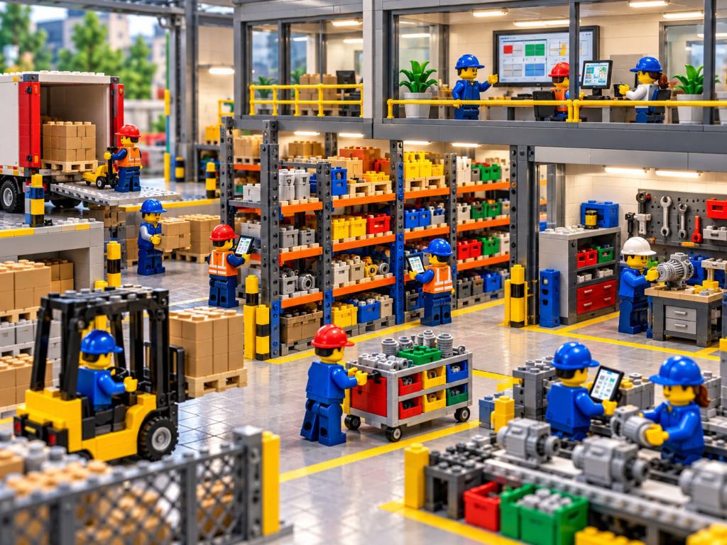 LEGO-style warehouse operation with multiple departments managing materials and inventory, illustrating how CyberStockroom’s Inventory Map supports cross-department inventory visibility and location tracking.