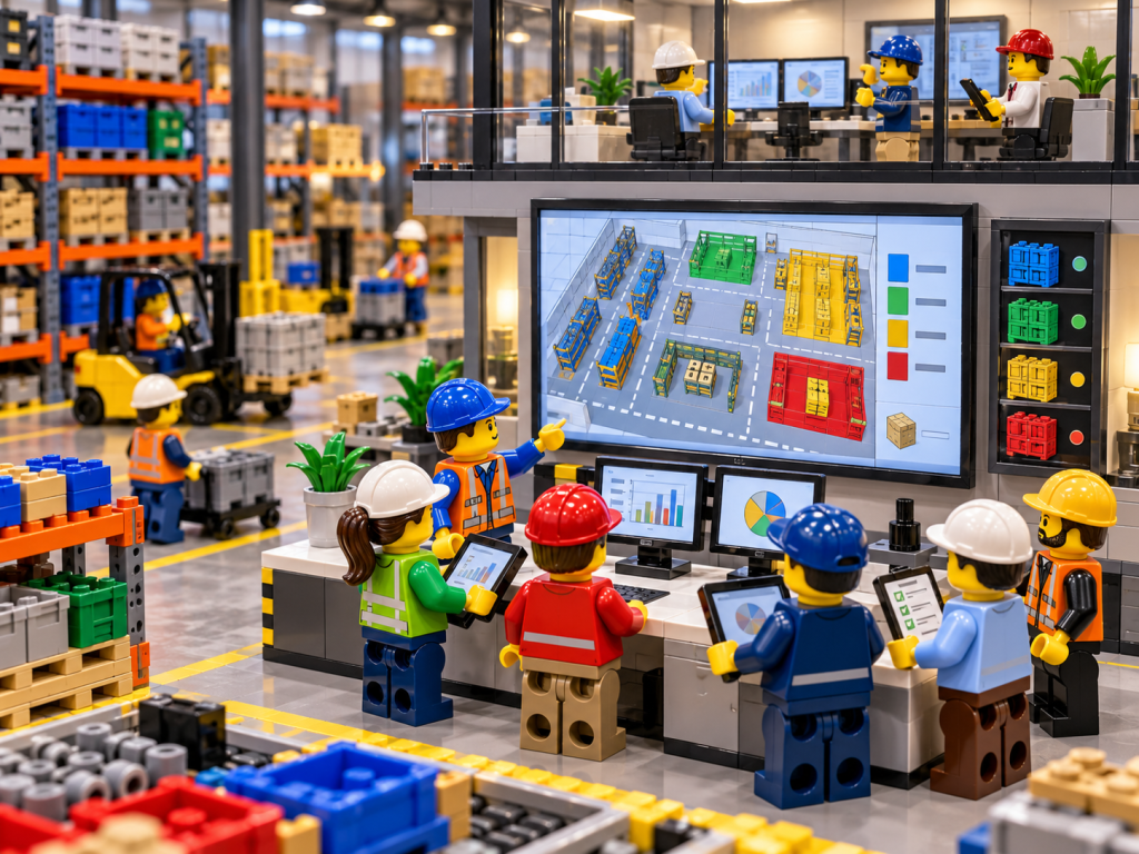 LEGO-style warehouse team using a visual inventory dashboard to monitor stock across departments, showing how CyberStockroom’s Inventory Map improves shared inventory visibility and coordination.