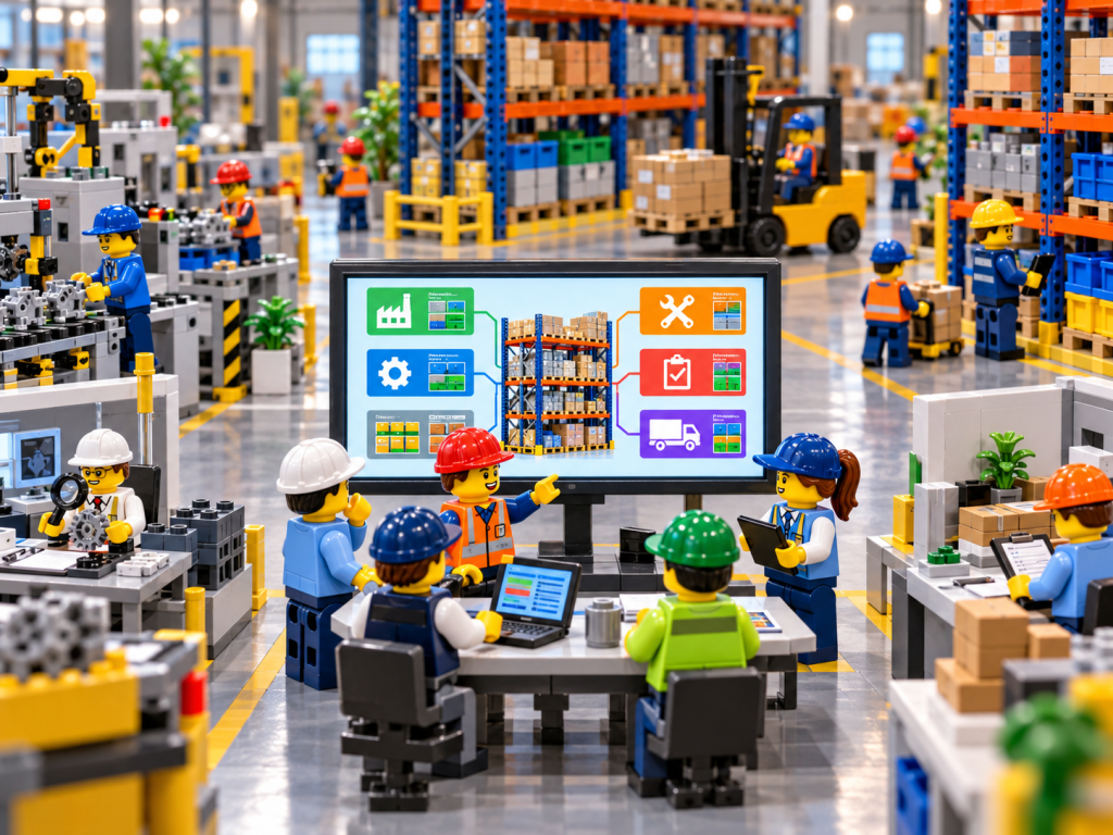 LEGO-style warehouse scene showing CyberStockroom’s Inventory Map improving inventory visibility across departments and supporting smarter warehouse expansion.