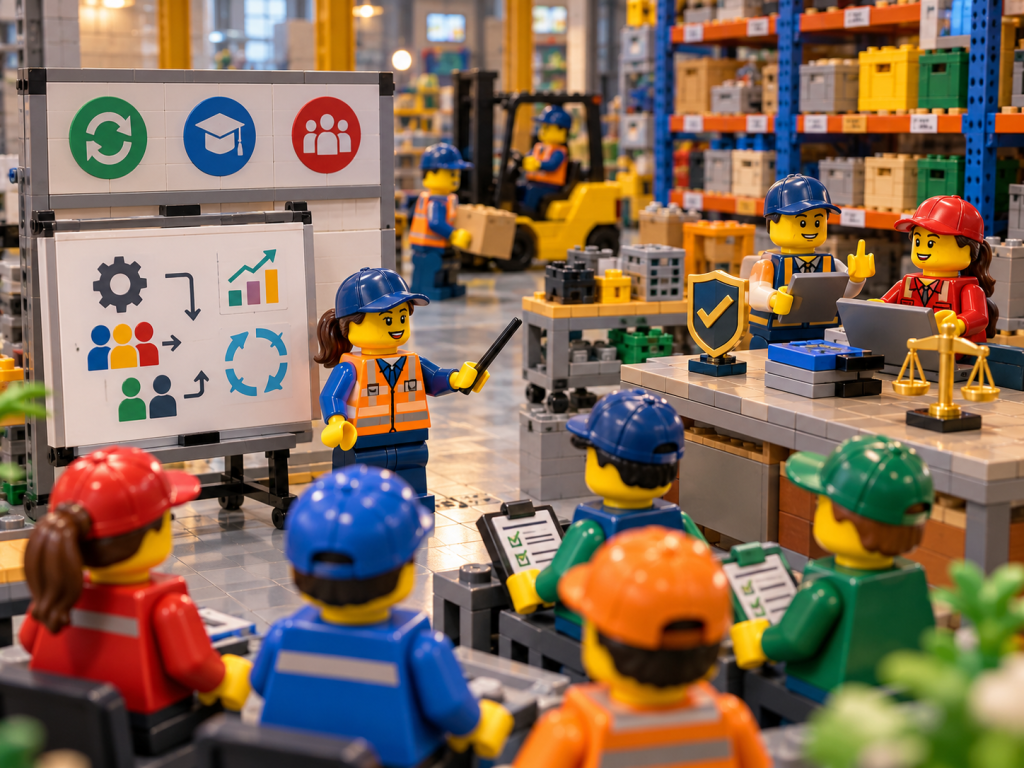 LEGO-style warehouse training session focused on change management and governance, supporting consistent inventory processes and better inventory visibility with CyberStockroom’s Inventory Map.