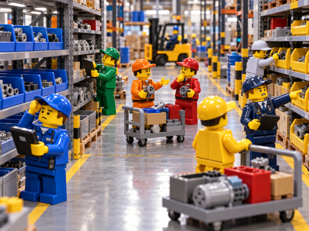 LEGO-style warehouse workers searching for and coordinating parts across departments, illustrating how CyberStockroom’s Inventory Map helps reduce stock visibility gaps and location confusion.