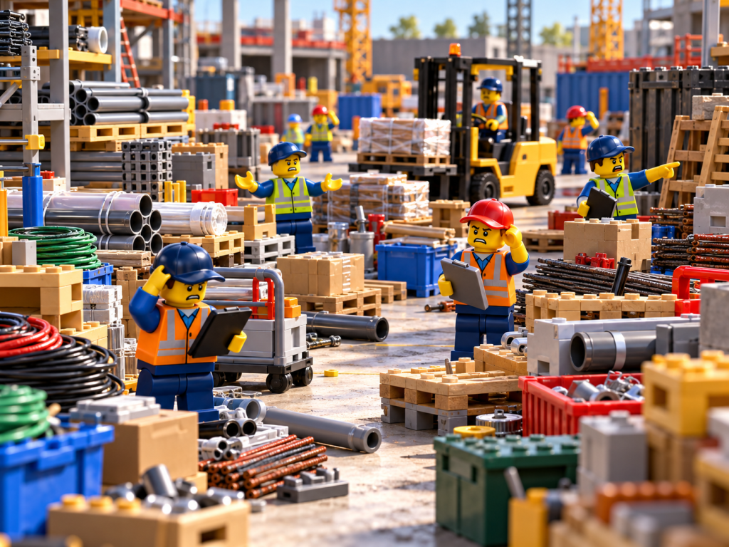 LEGO-style construction site with scattered materials and frustrated workers, illustrating how limited inventory visibility can cause location confusion and tracking issues that CyberStockroom’s Inventory Map helps address.