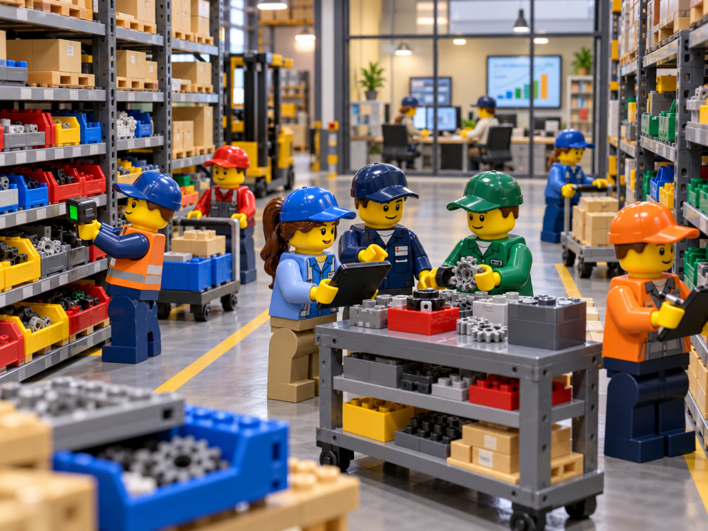 LEGO-style warehouse teams coordinating inventory across storage and operations, showing how CyberStockroom’s Inventory Map supports shared inventory visibility and accurate location tracking.