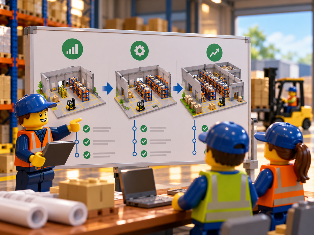 LEGO-style warehouse planning scene showing how CyberStockroom’s Inventory Map supports inventory visibility, capacity planning, and data-driven expansion decisions.