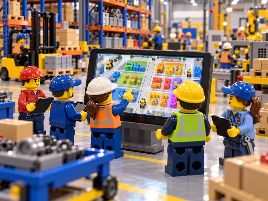 LEGO-style manufacturing scene showing CyberStockroom’s Inventory Map providing one shared view of inventory across departments for better inventory visibility and coordination.