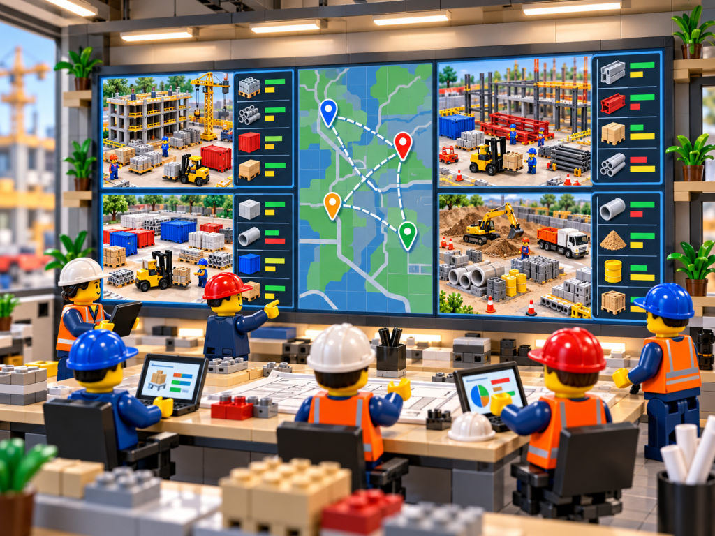 LEGO-style multi-site construction inventory dashboard showing connected job sites, material locations, and stock visibility, illustrating how CyberStockroom’s Inventory Map supports centralized inventory tracking.