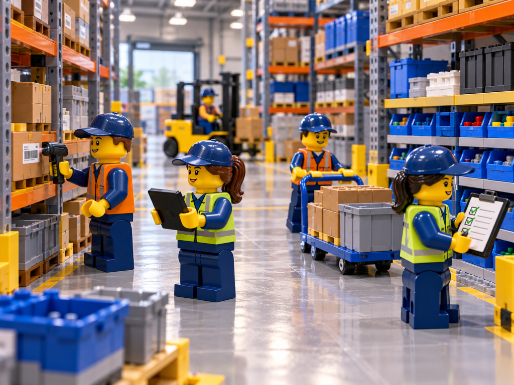 LEGO-style warehouse workers using barcode scanning and inventory checks to improve efficiency, accuracy, compliance, and inventory visibility with CyberStockroom’s Inventory Map.