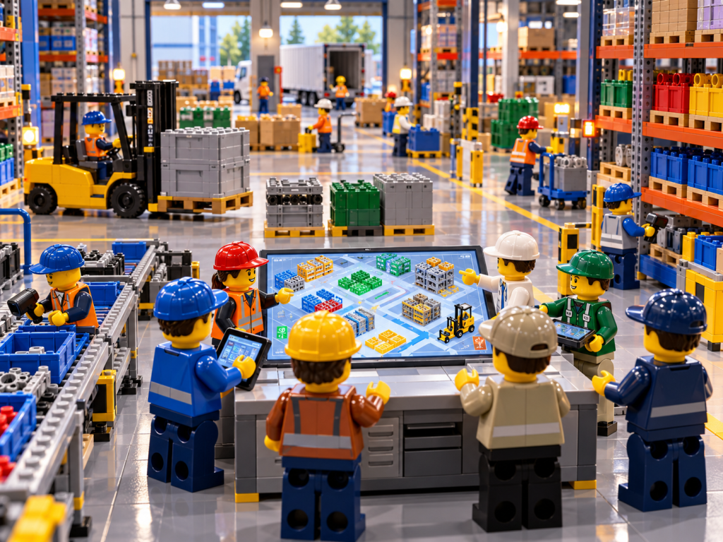 LEGO-style warehouse team using a shared visual inventory map, showing how CyberStockroom improves inventory visibility, team alignment, and operational efficiency.