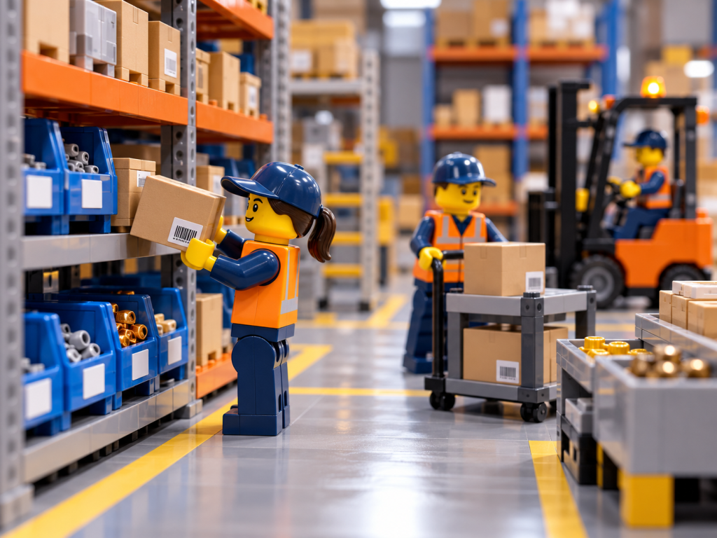 LEGO-style warehouse team following structured putaway rules for labeled inventory, showing how CyberStockroom’s Inventory Map supports location accuracy, consistent storage, and inventory visibility.