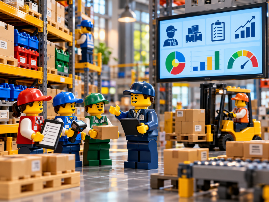 LEGO-style warehouse team using inventory data and defined workflows to improve control, accountability, and inventory visibility with CyberStockroom’s Inventory Map.