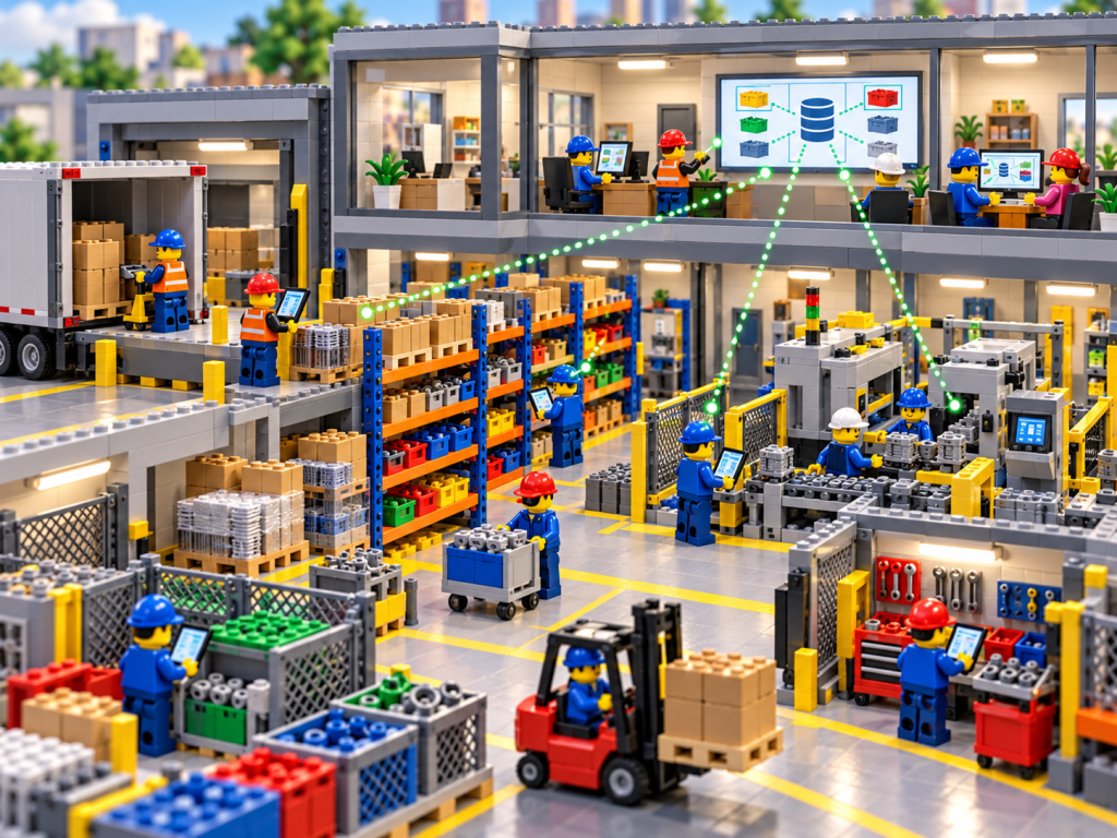 LEGO-style manufacturing facility with connected departments using shared inventory data, illustrating how CyberStockroom’s Inventory Map improves cross-department inventory visibility and location tracking.