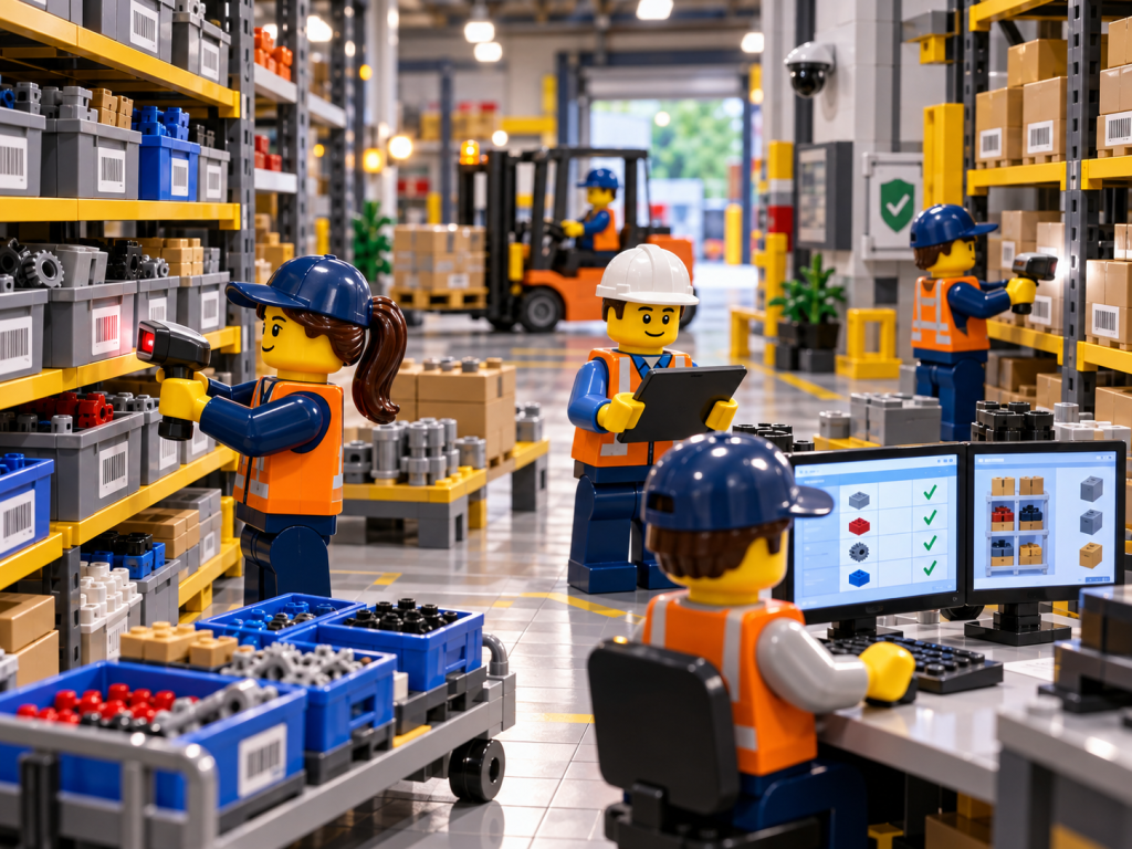 LEGO-style warehouse workers using barcode scanning and inventory software to improve tracking, compliance, and inventory visibility with CyberStockroom’s Inventory Map.