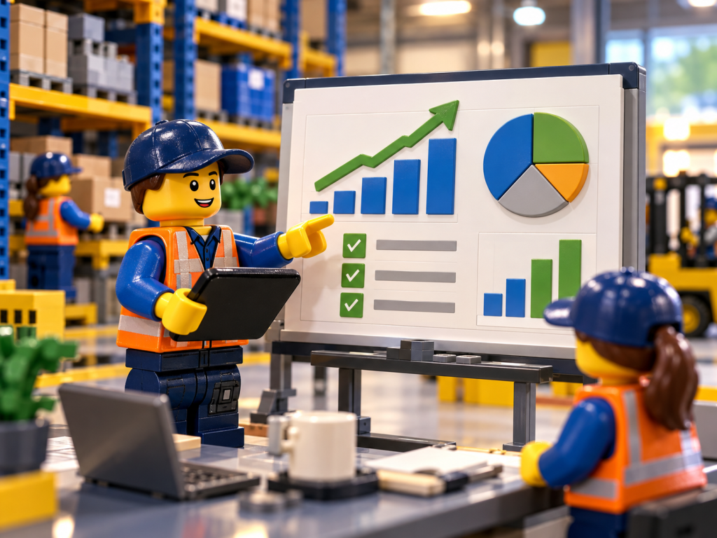 LEGO-style warehouse team analyzing inventory performance metrics and progress, showing how CyberStockroom supports measuring efficiency, accuracy, and inventory visibility.