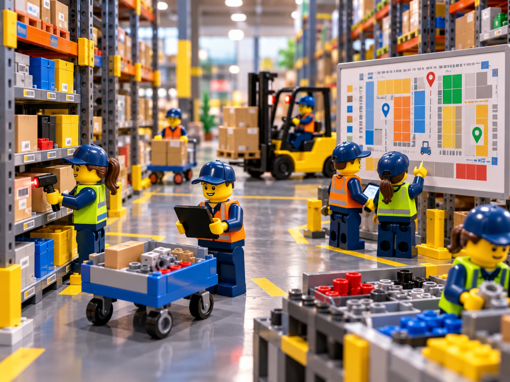 LEGO-style warehouse team using barcode scanning and a visual inventory map, showing how CyberStockroom improves inventory accuracy, operational efficiency, and inventory visibility.