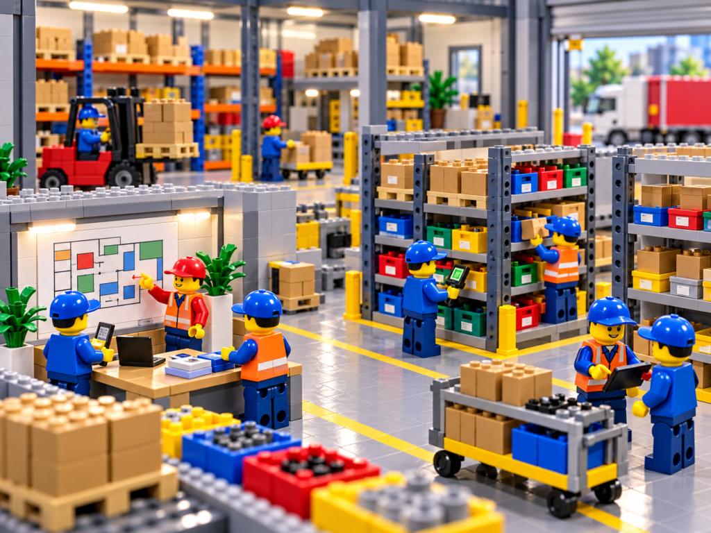 LEGO-style warehouse team putting inventory processes into practice, showing how CyberStockroom’s Inventory Map supports structured implementation, location accuracy, and inventory visibility.