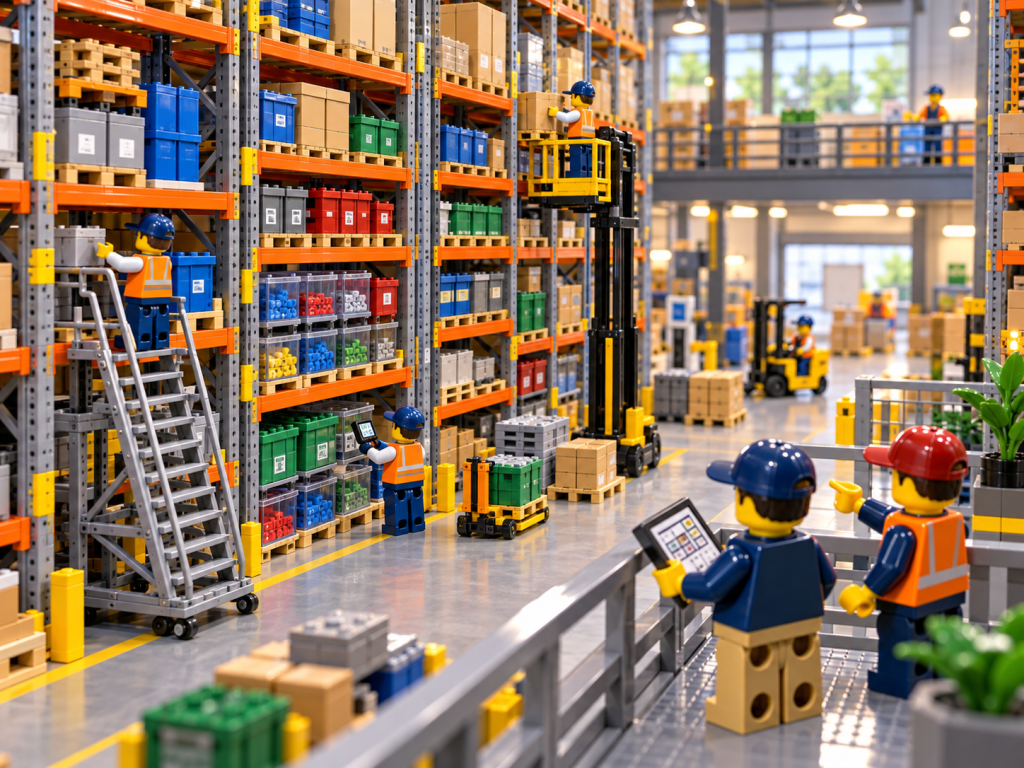 LEGO-style warehouse with high-density vertical racking and digital inventory tracking, showing how CyberStockroom’s Inventory Map supports vertical space utilization, location accuracy, and inventory visibility.