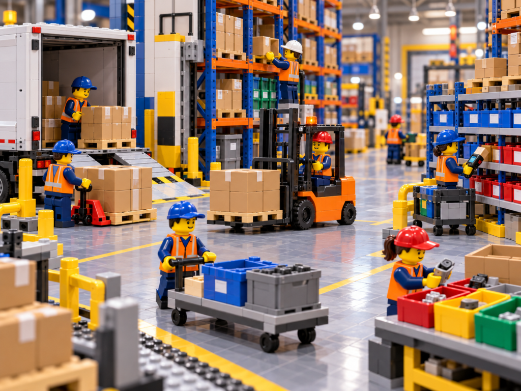 LEGO-style warehouse team managing receiving, putaway, transfers, and inventory updates, illustrating how CyberStockroom’s Inventory Map supports accurate inventory visibility as stock moves.