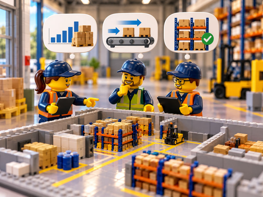 LEGO-style warehouse planning scene showing how CyberStockroom’s Inventory Map improves inventory visibility, material flow, and usable storage capacity.