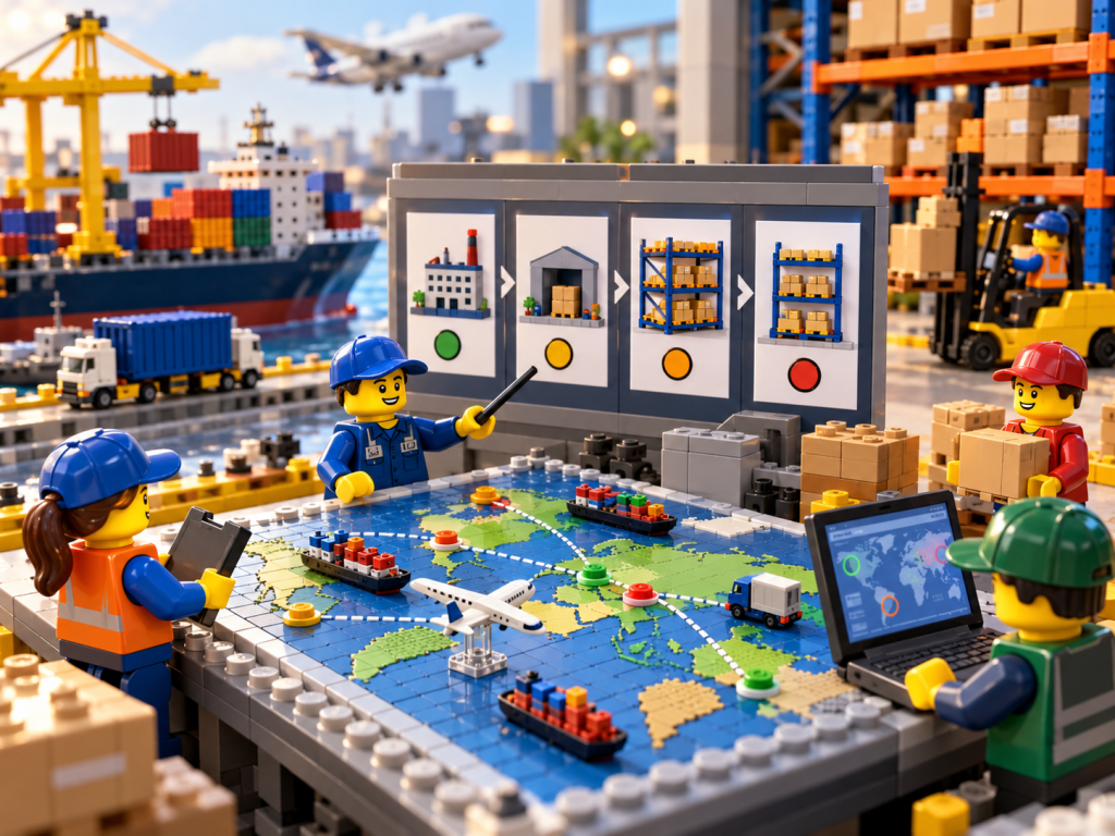 LEGO-style supply chain scene showing how CyberStockroom’s Inventory Map supports inventory visibility across suppliers, warehouses, and material flow for stronger supplier resilience.