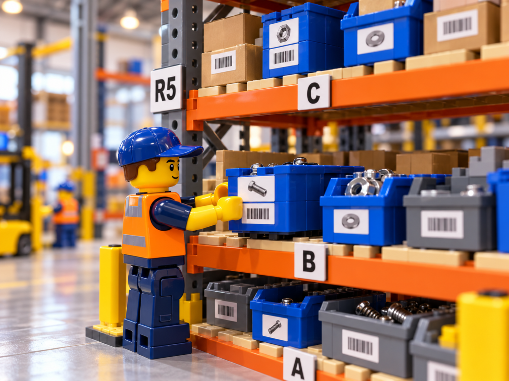 LEGO-style warehouse with visible rack labels, bin signage, and barcode labels, showing how CyberStockroom’s Inventory Map supports clearer location tracking and inventory visibility.