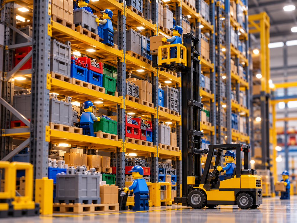 LEGO-style industrial warehouse with high-density vertical racking, showing how CyberStockroom’s Inventory Map supports vertical space utilization, location tracking, and inventory visibility.