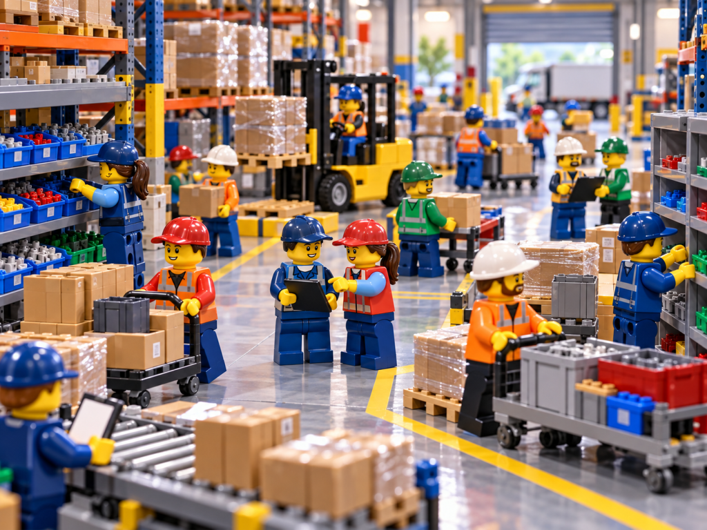 LEGO-style shared warehouse with multiple teams managing stock, illustrating how CyberStockroom’s visual inventory map can improve inventory visibility and location control.